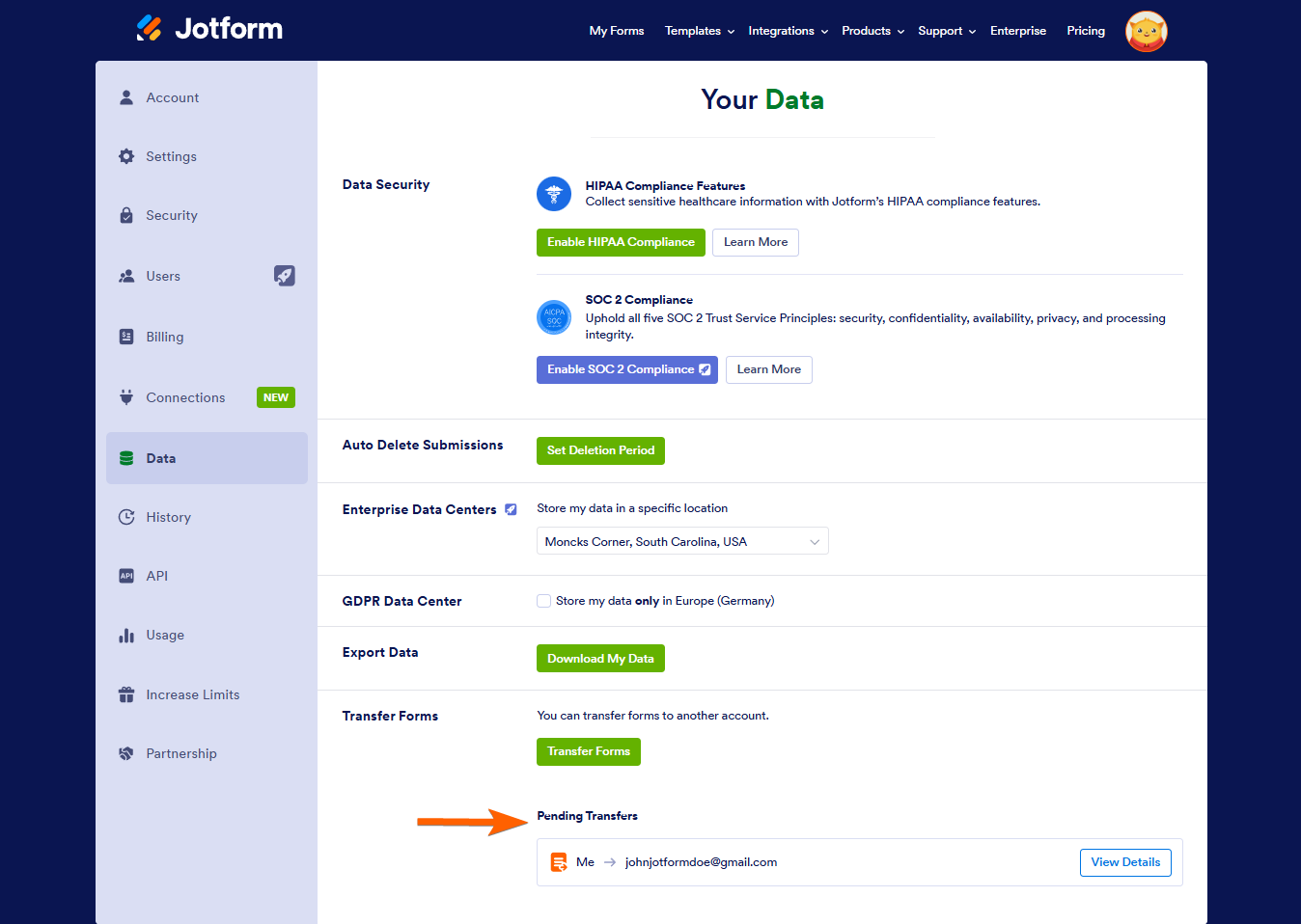 jotform account data pending transfers