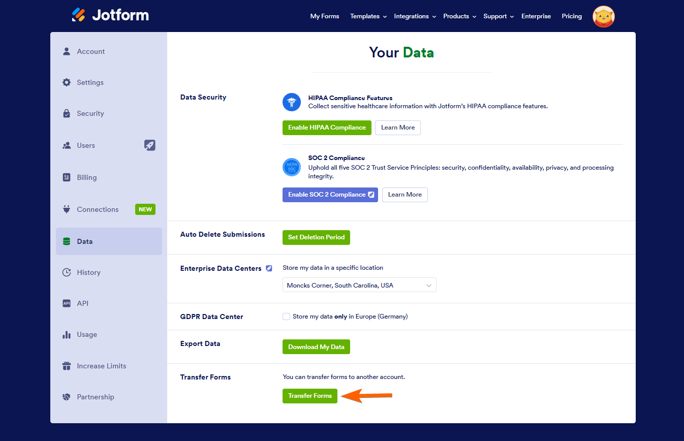 jotform account page data section