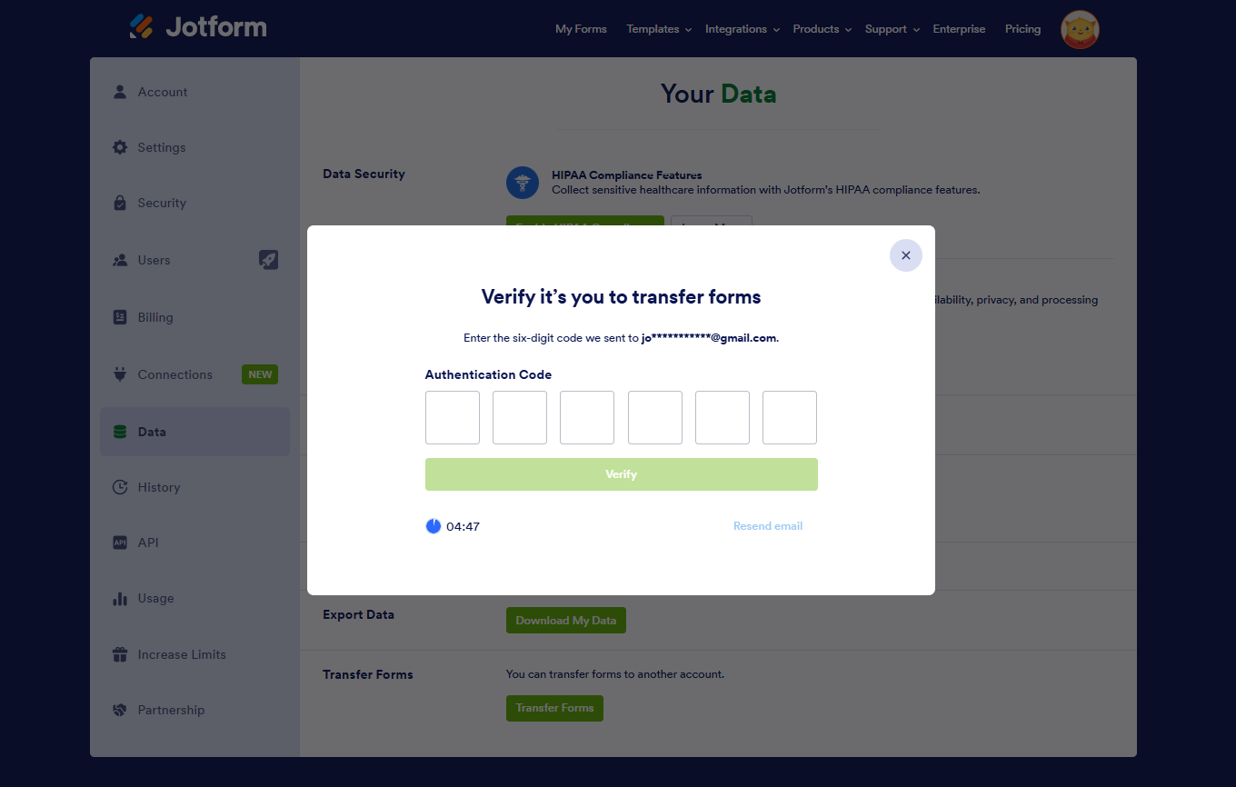 jotform account page data transfer form verification
