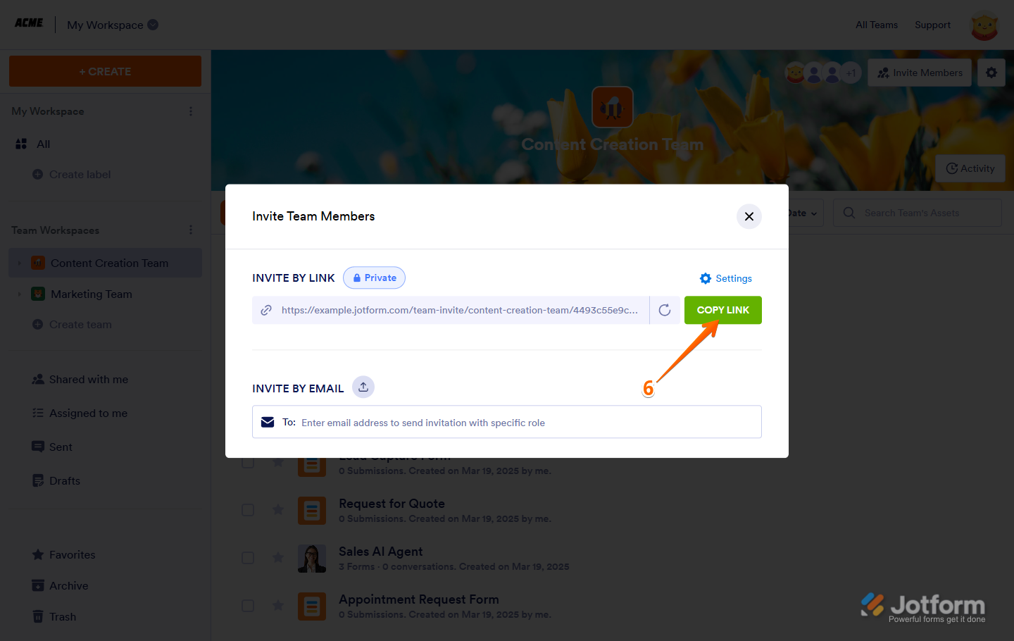 Clicking on Copy Link to share the Jotform team invitation link via email or messaging platforms.