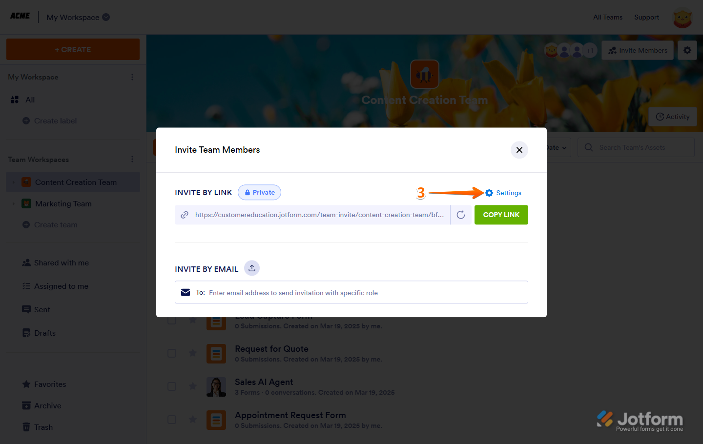 Clicking on the Settings option in the opened invite team members window in Jotform