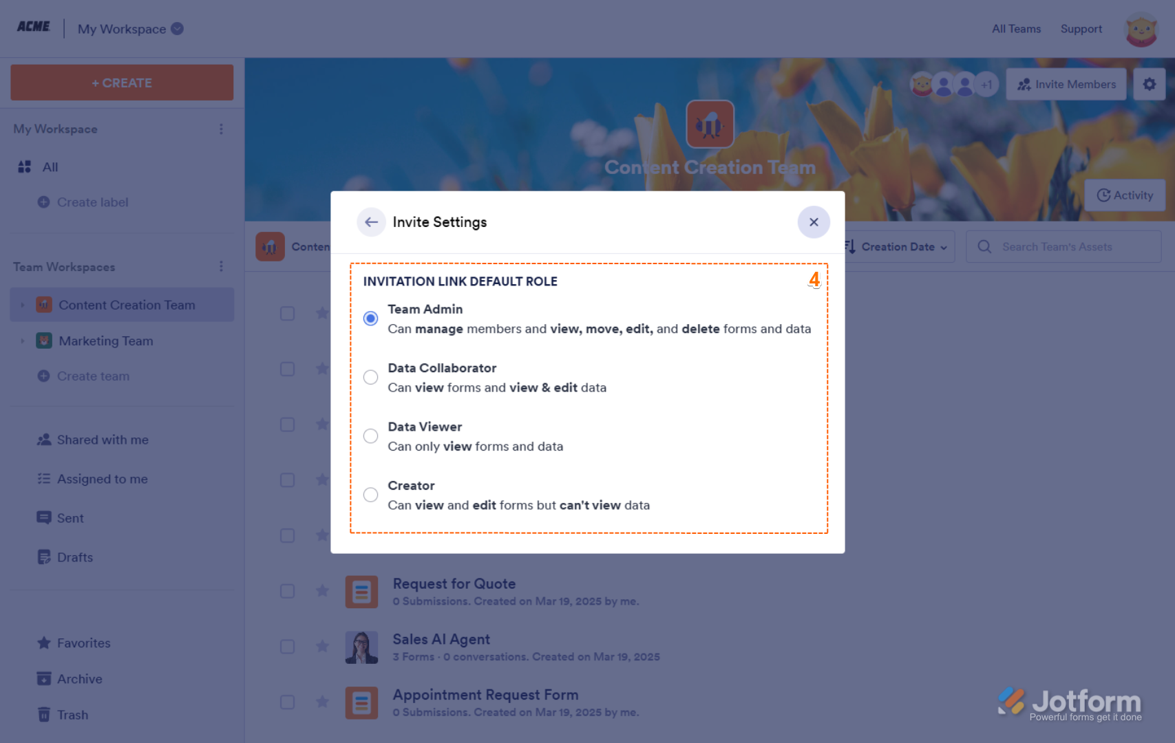 Viewing and selecting team roles in Jotform, including Admin, Data Collaborator, Data Viewer, and Creator with varying permissions for managing members, forms, and data