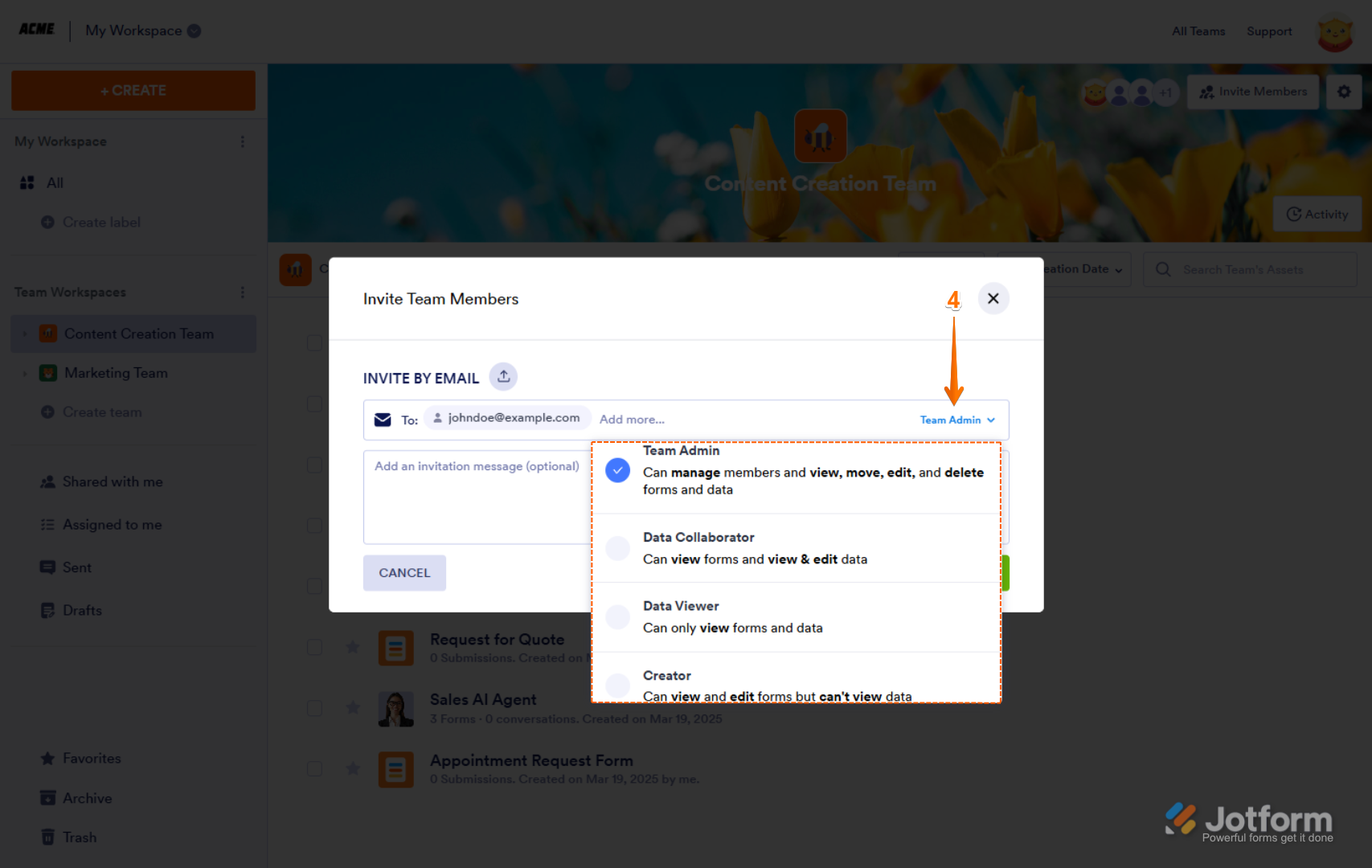 Selecting team member roles such as Creator, Data Viewer, and Data Collaborator in the team permission settings in Jotform