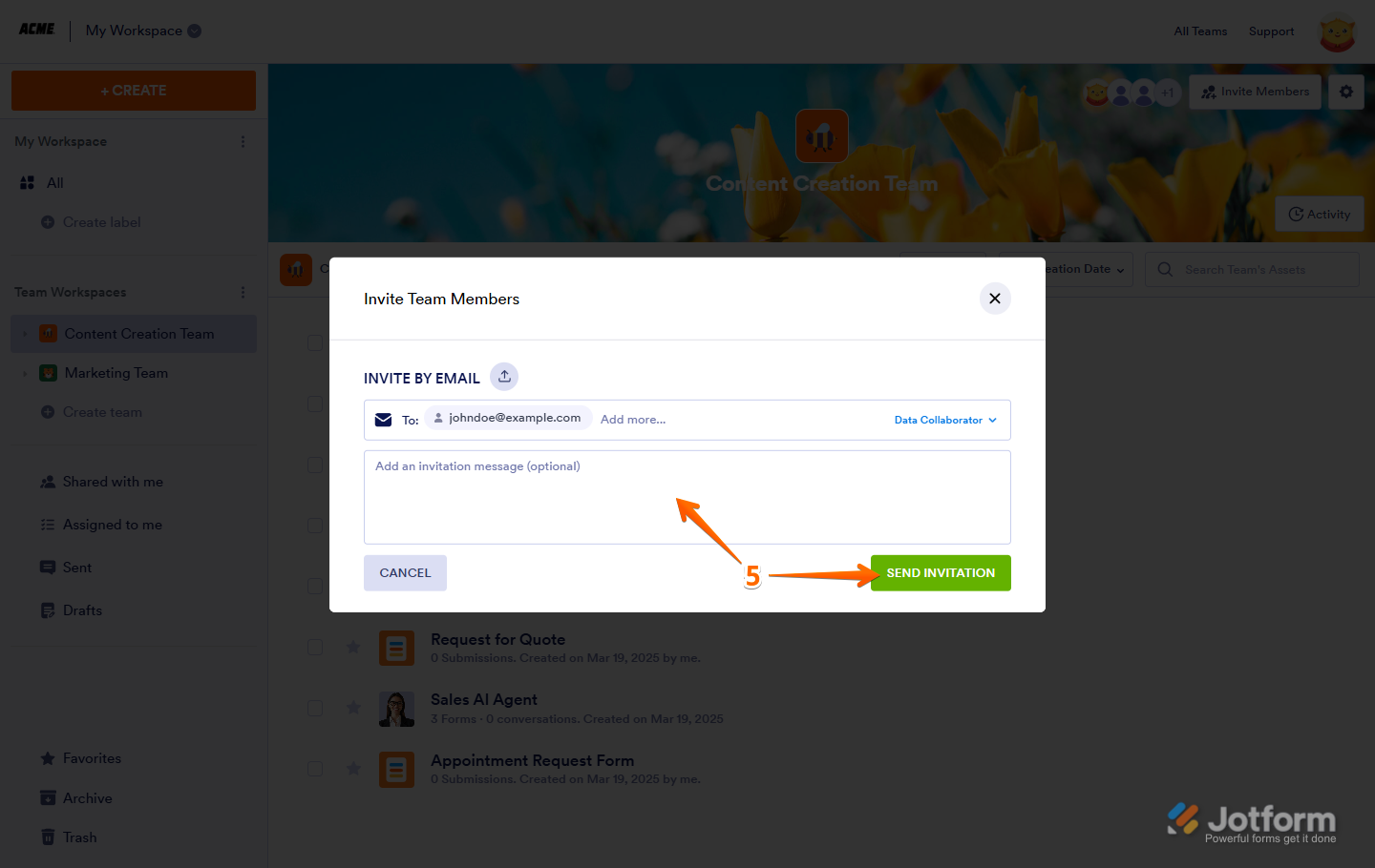 Adding a custom message in the Invitation field before clicking Send Invitation to invite team members in Jotform