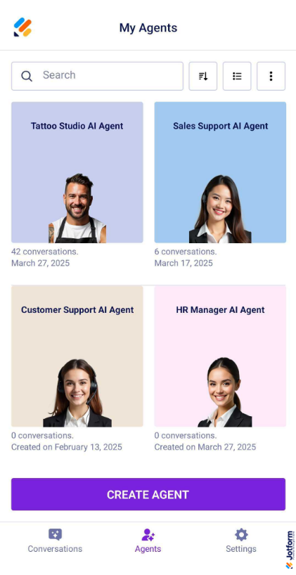 AI Agents section to create and manage your AI Agents and conversations in Jotform AI Agent Mobile App