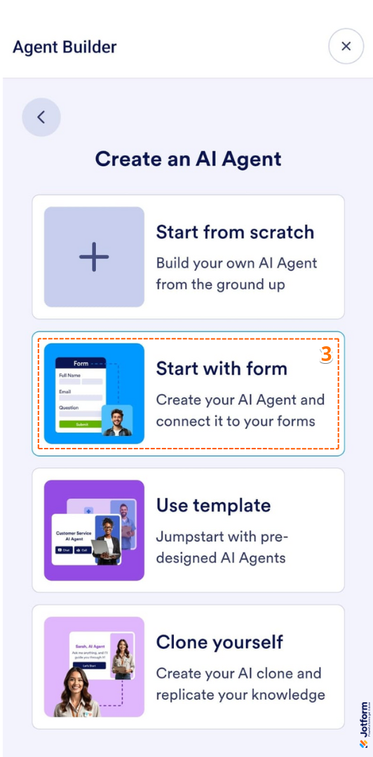 Start With Form option in the Create an AI Agent screen of the Jotform AI Agent Mobile App