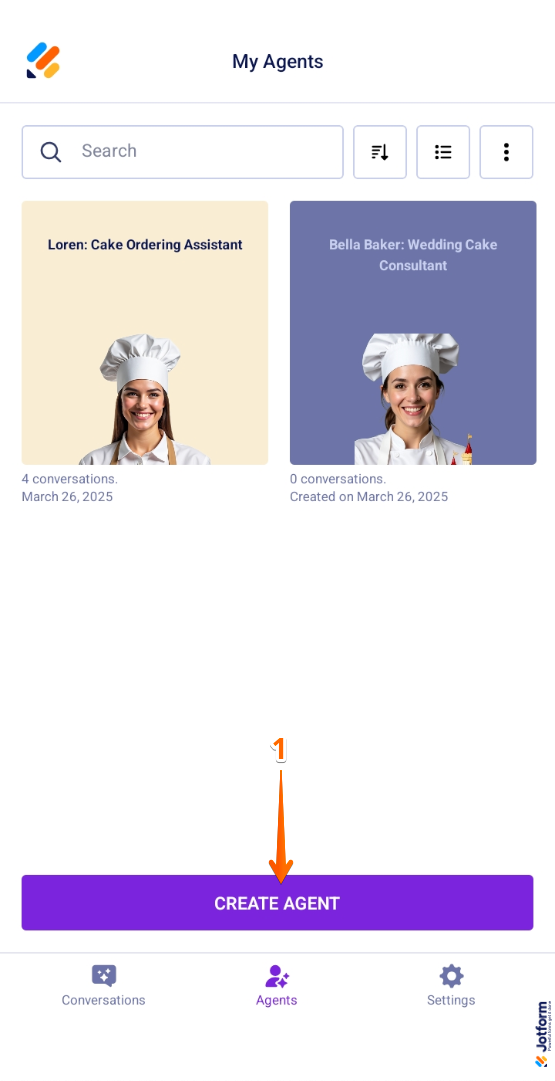 Create Agent button in the My Agents screen of the Jotform AI Agent Mobile App