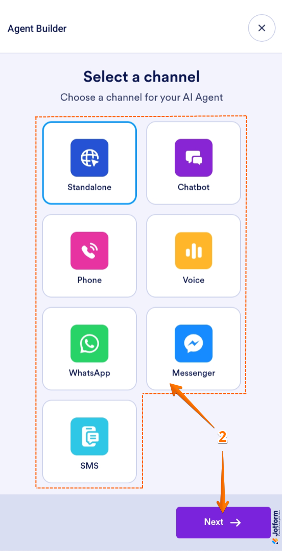 Next button in the Select Channel screen of the Jotform AI Agent Mobile App