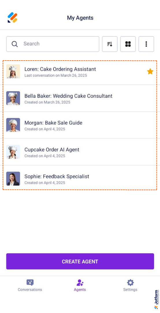 AI Agents in List view on the Jotform AI Agent Mobile App