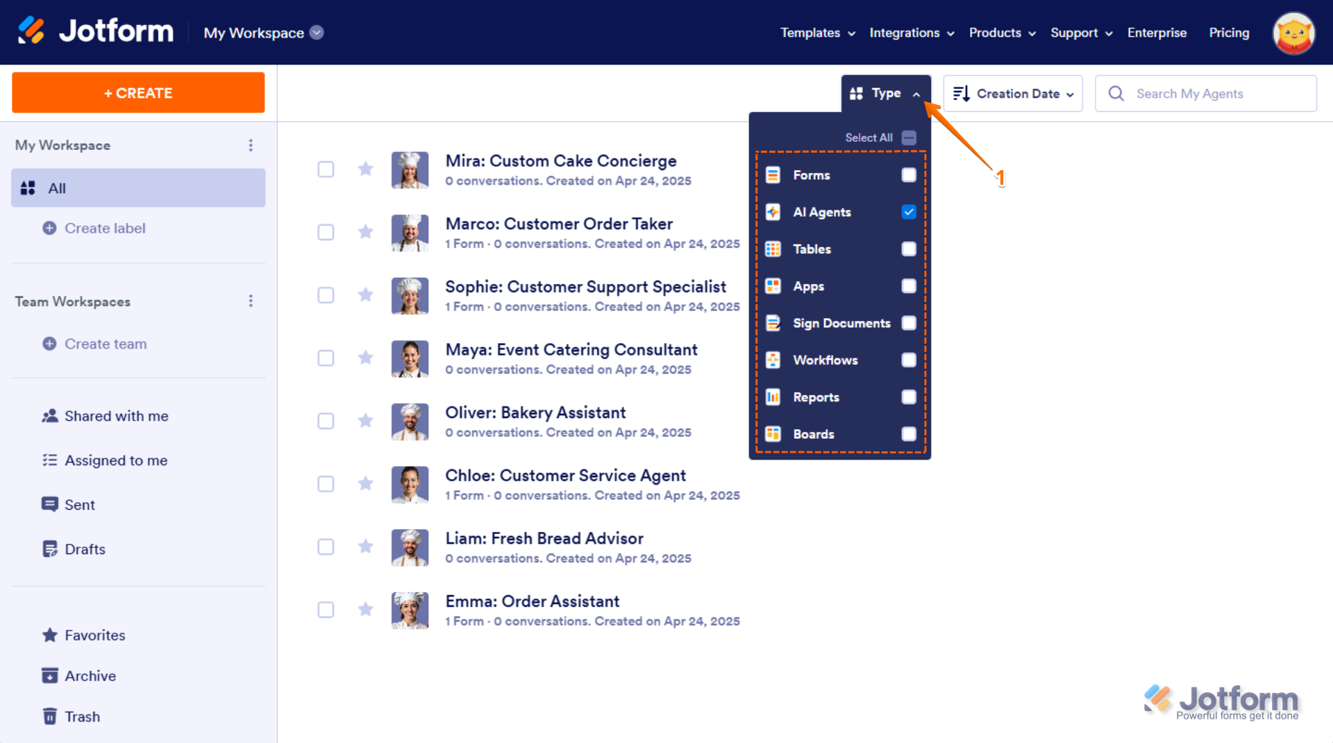 Filtering assets on Jotform’s My Workspace page by clicking Type and selecting only AI Agents in Jotform