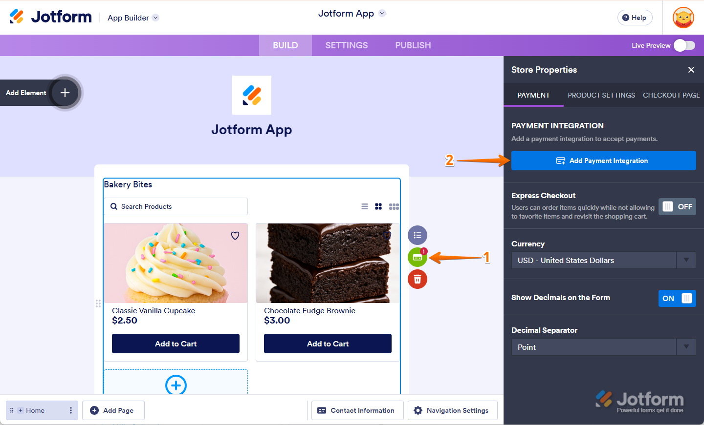 Clicking the Credit Card icon in the Product List and selecting Add Payment Integration in Jotform