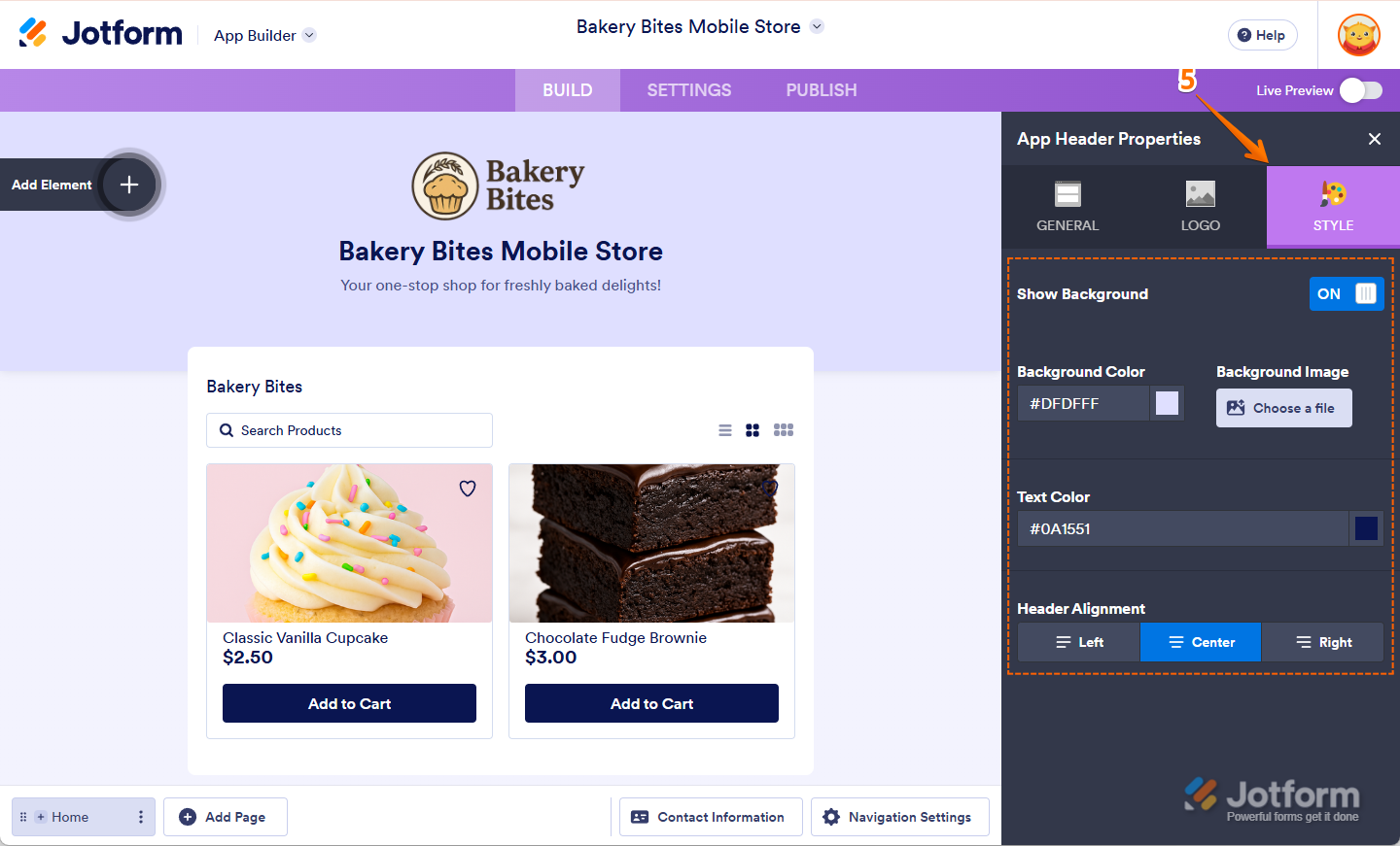Clicking the Style tab to configure options like Show Background, Background Color, Text Color, and Header Alignment in Jotform