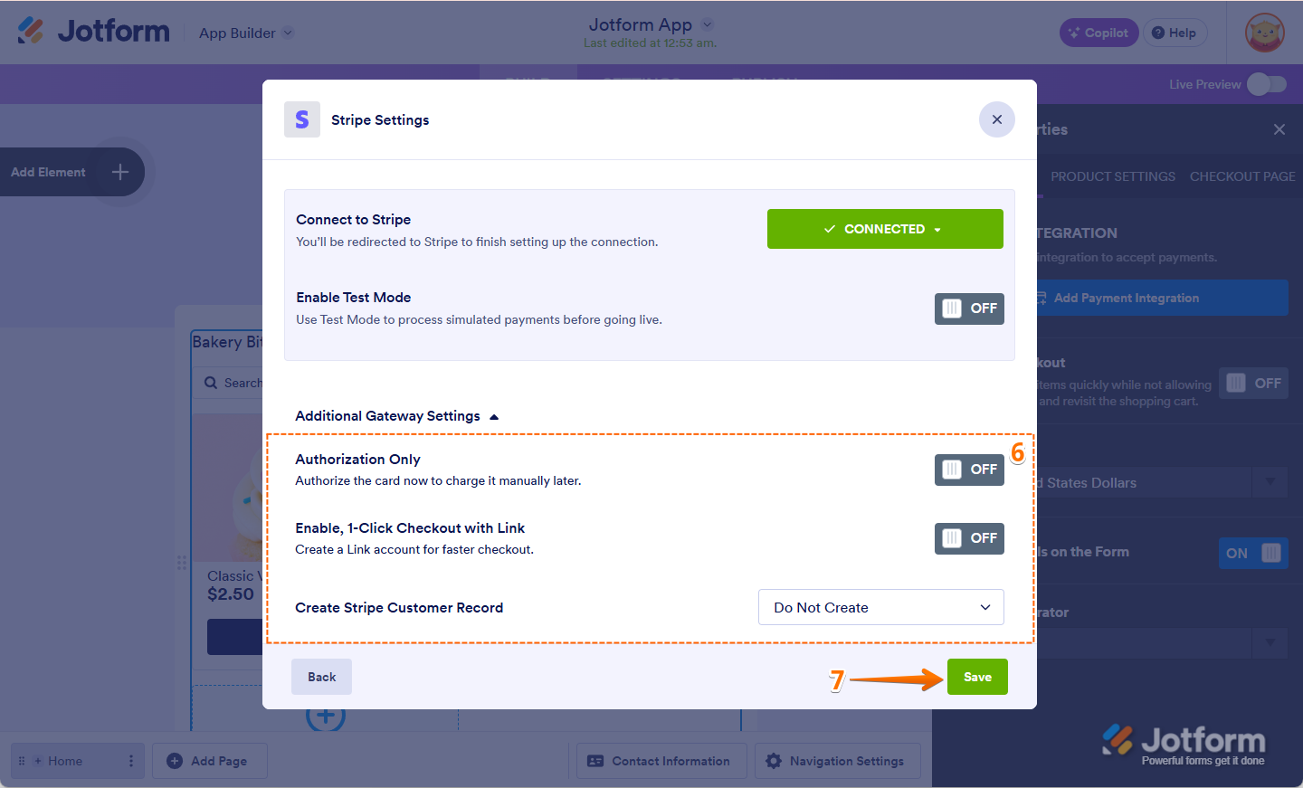 Configuring Additional Gateway Settings like Authorization Only, 1-Click Checkout, and Stripe Customer Record, then clicking Save in Jotform