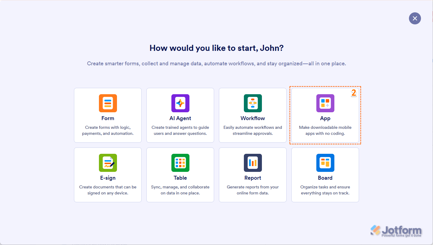 Clicking the Apps option in the pop-up window in Jotform