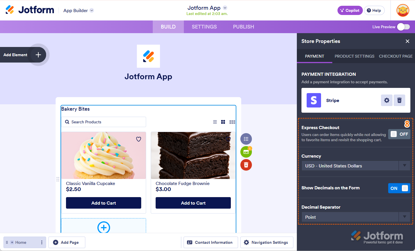 Configuring payment settings like Express Checkout, Currency, and Decimal Separator in Jotform