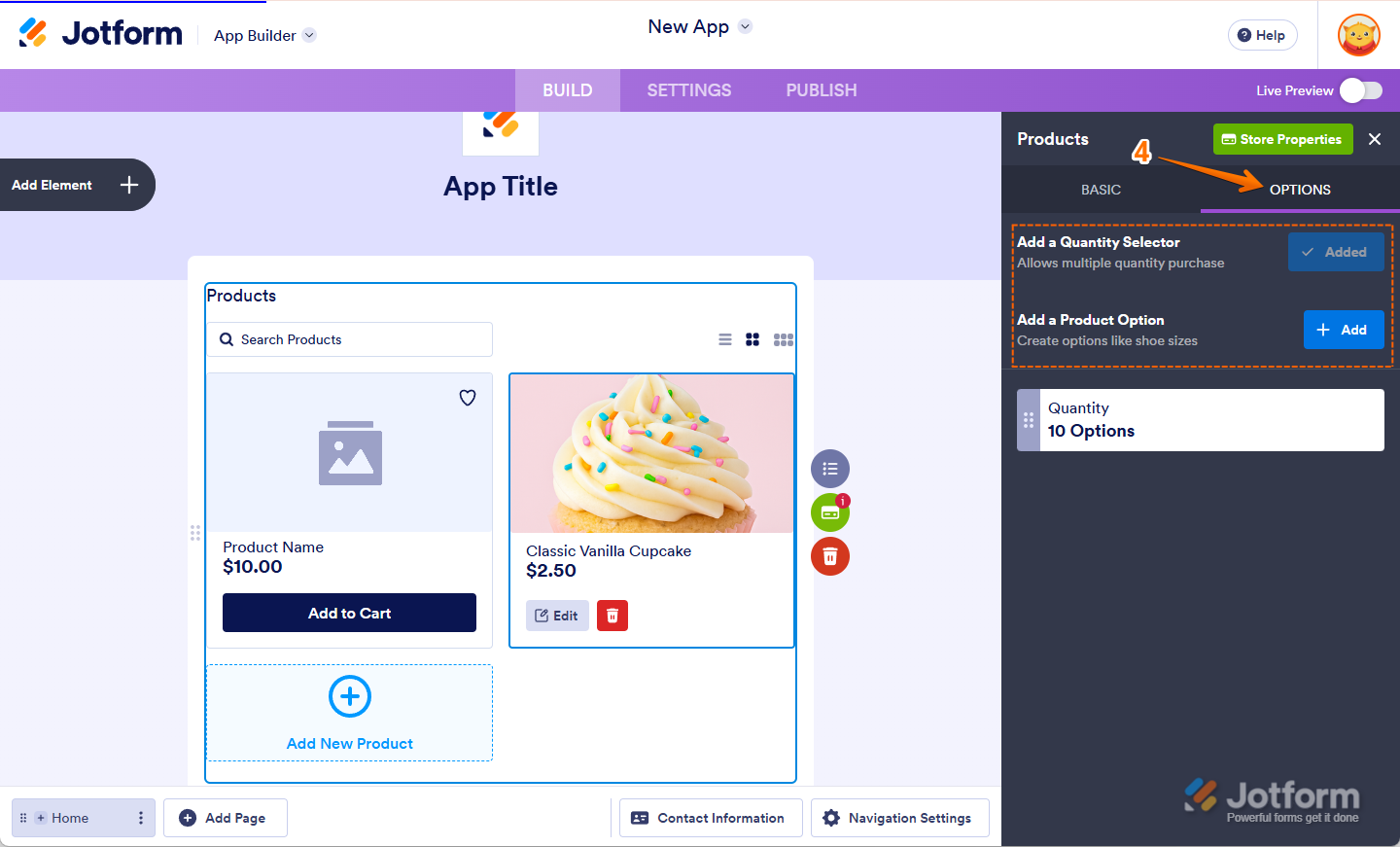 Setting up Quantity Selector and Product Options in the Options tab in Jotform