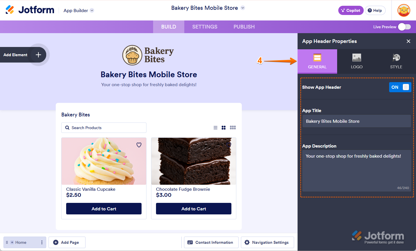 Clicking the General tab to setup the app header, set a title, and add a description in Jotform