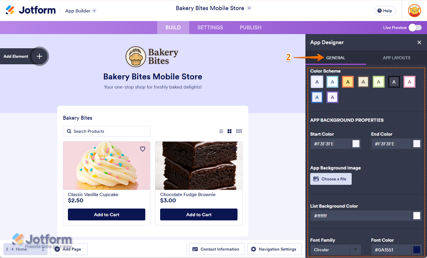 Configuring color scheme, background image, font family, and text color options under the General tab in Jotform