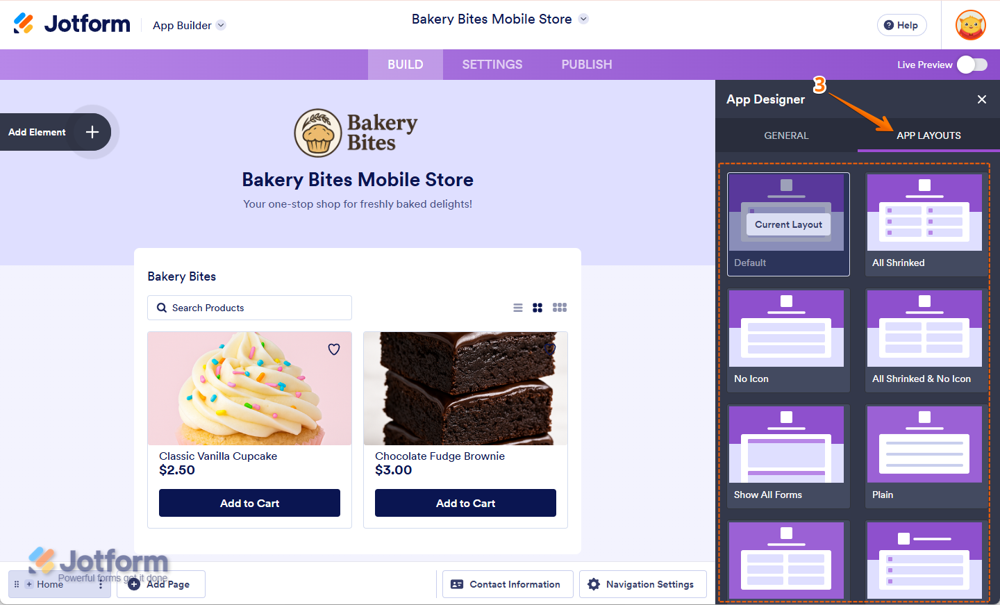 Choosing from various premade app layouts like Default, All Shrunk, or Left Aligned in App Builder in Jotform