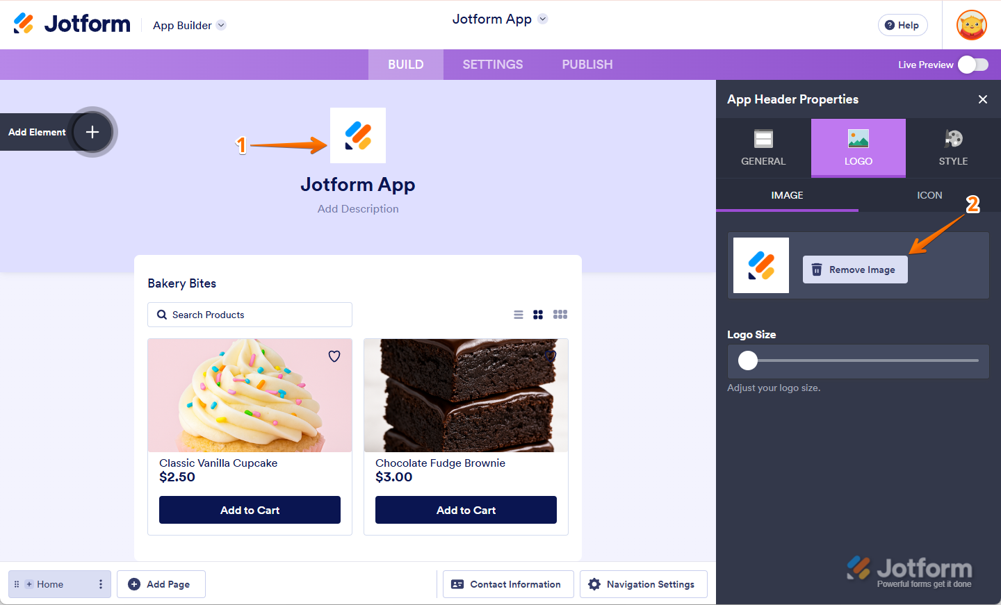 Hovering over and clicking the logo, then removing the image in the Logo tab in Jotform