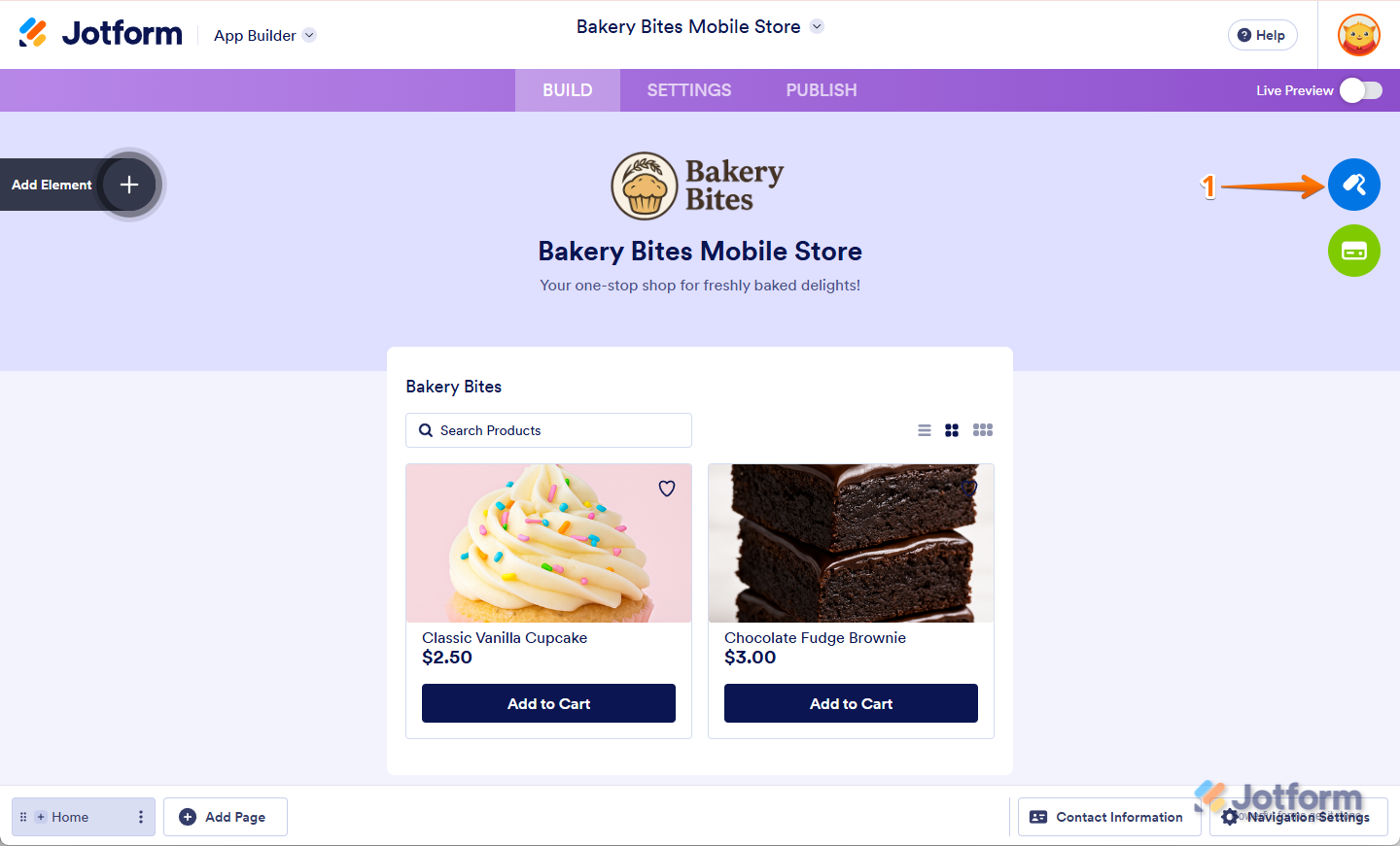 Clicking the Paint Roller icon on the right side of the screen in App Builder in Jotform