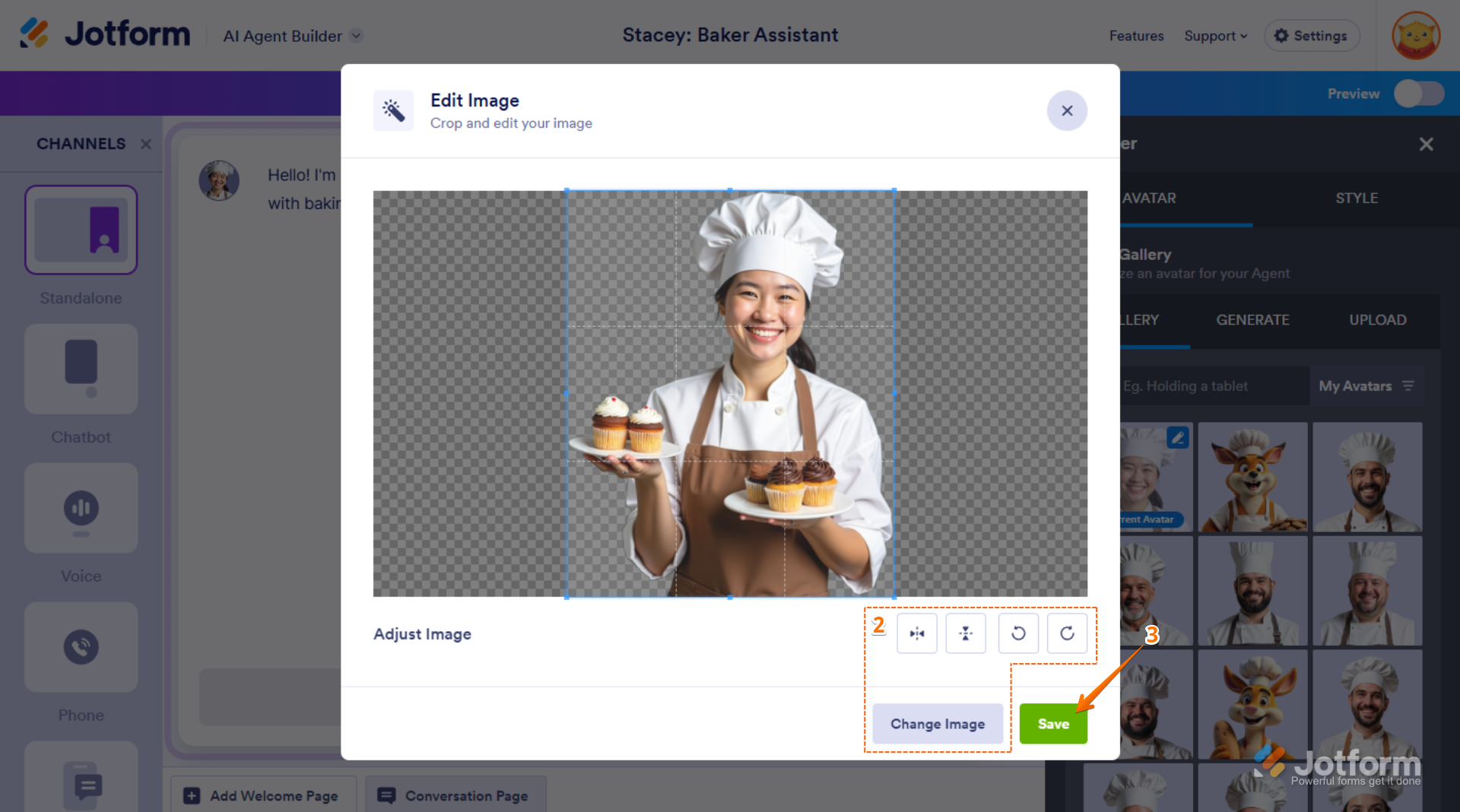 Editing avatar image by cropping, flipping, rotating, or changing it in Jotform