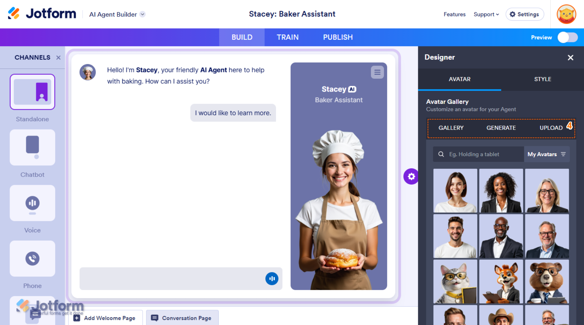 Accessing Gallery, Generate, and Upload options to customize your Avatar in Jotform