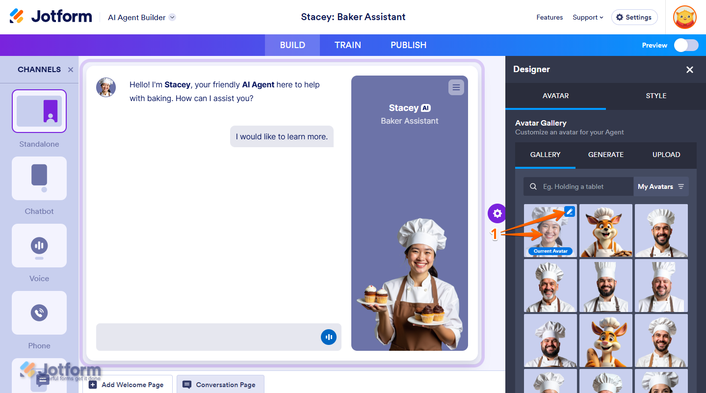 Selecting an avatar and clicking the Pencil icon to edit it in Jotform