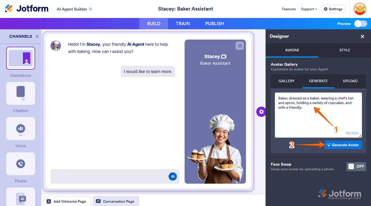 Entering a custom prompt to generate an AI Agent avatar in Jotform