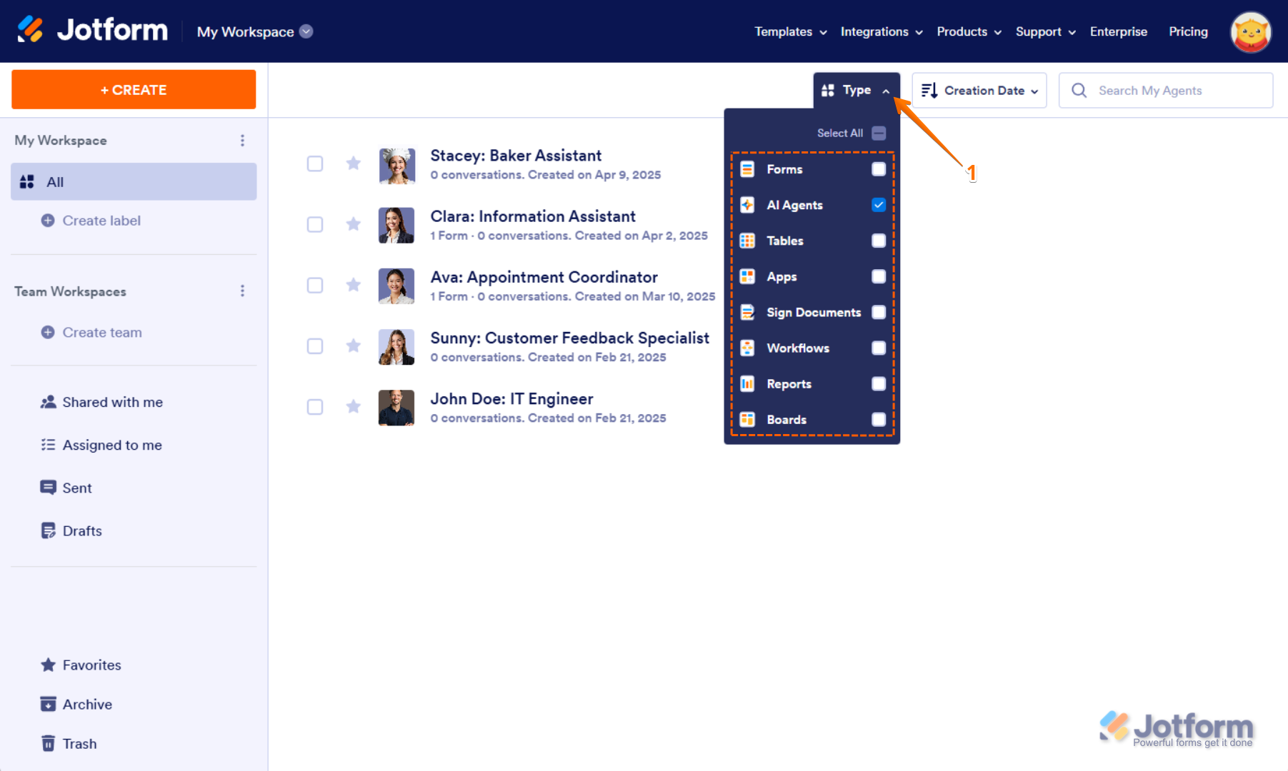Filtering My Workspace to show only AI Agents by adjusting the Type dropdown in Jotform
