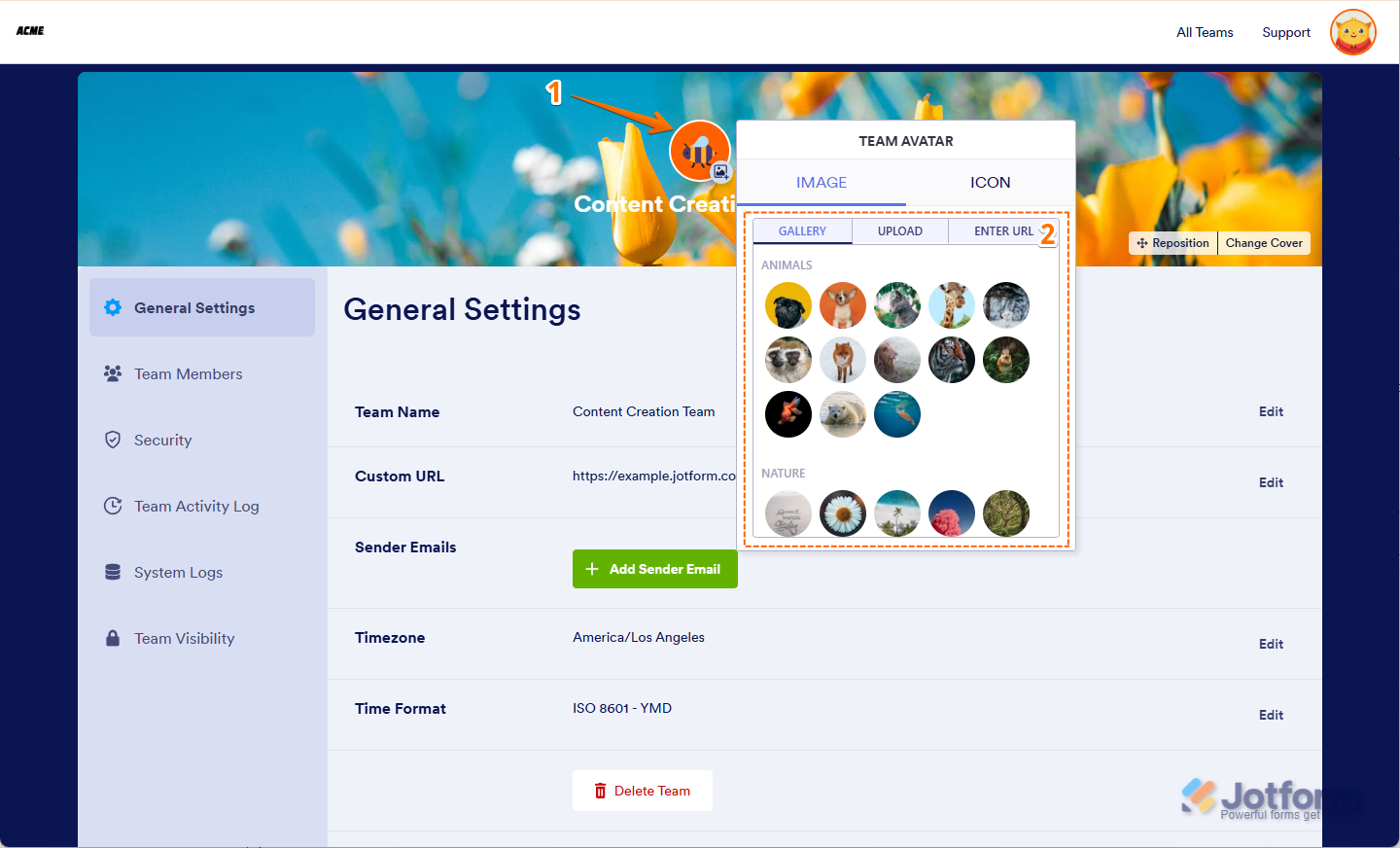 Choosing a new team image from the Gallery, Upload, or Enter URL options in Jotform Team Avatar settings