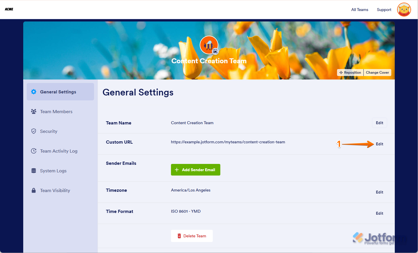 Entering a new Custom URL in Jotform Team Settings and clicking Save to update the team URL