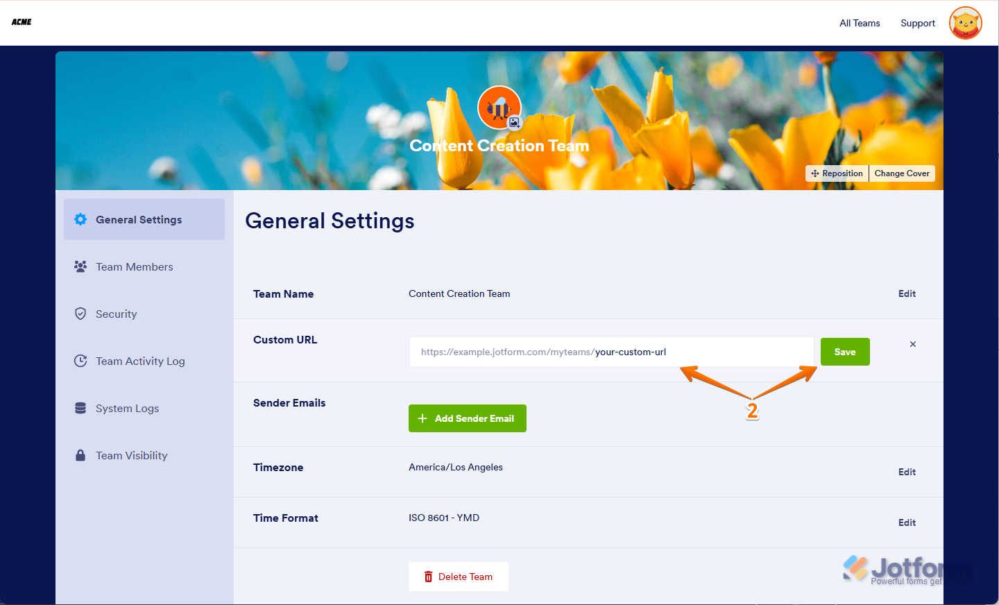 Entering a new Custom URL in Jotform Team Settings and clicking Save to confirm the changes