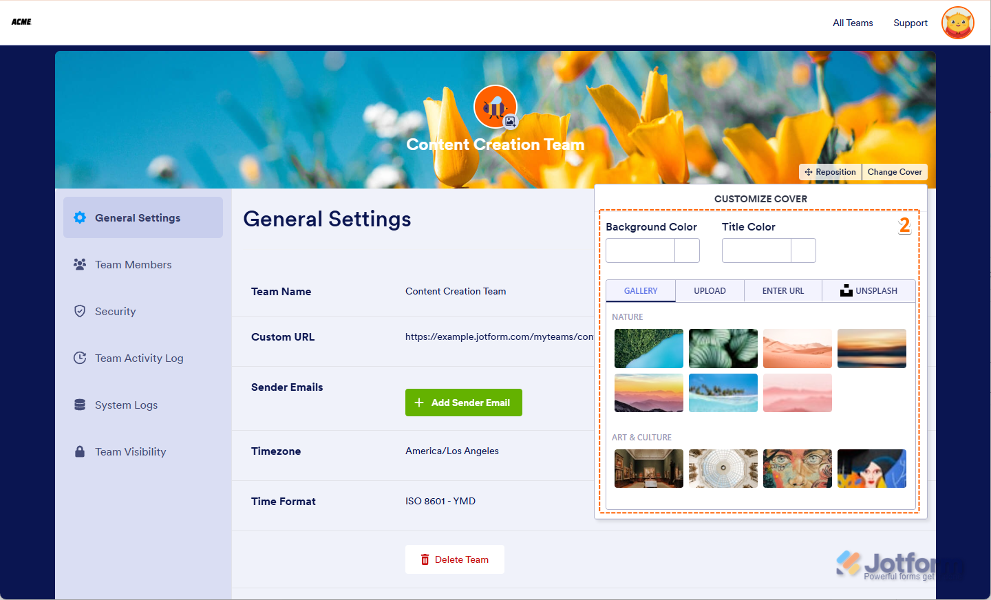 Customizing your Jotform team cover by adjusting background and title colors or choosing an image from gallery, upload, URL, or Unsplash