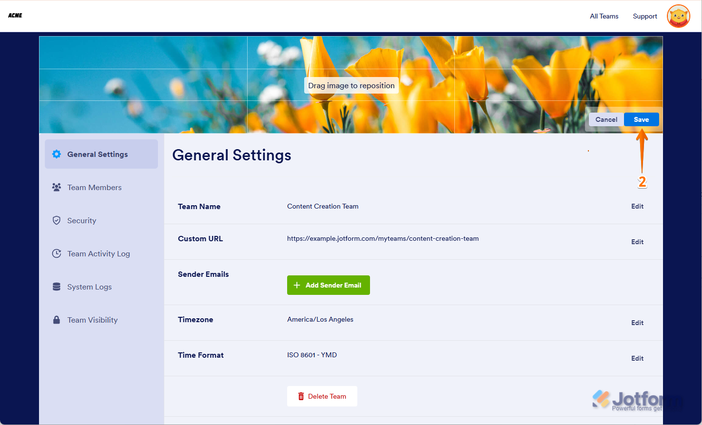 Dragging the Jotform team cover image to reposition it, then clicking Save to apply the changes
