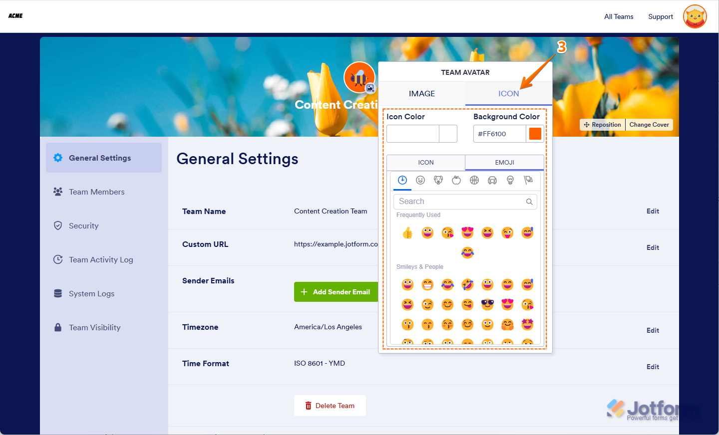Customizing the Jotform team avatar by changing icon color, background color, icon style, or selecting an emoji