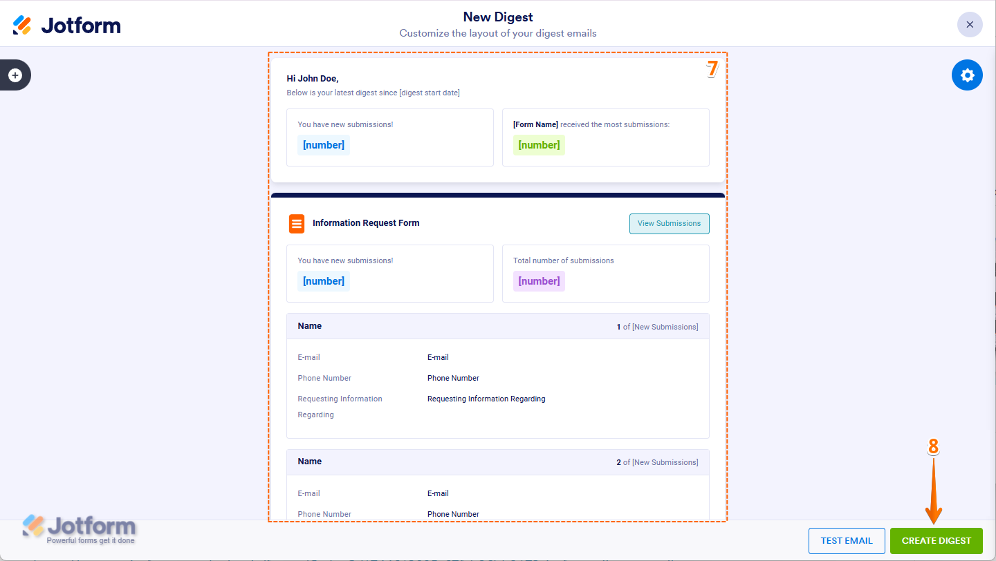 Personalizing Digest Email content and clicking 'Create Digest' to finalize the setup in Jotform