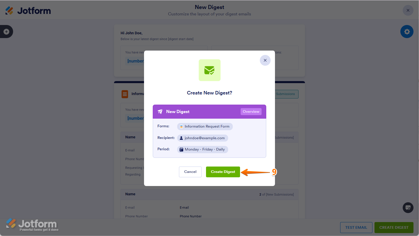 Clicking 'Create New Digest' to complete the Digest Email setup in Jotform
