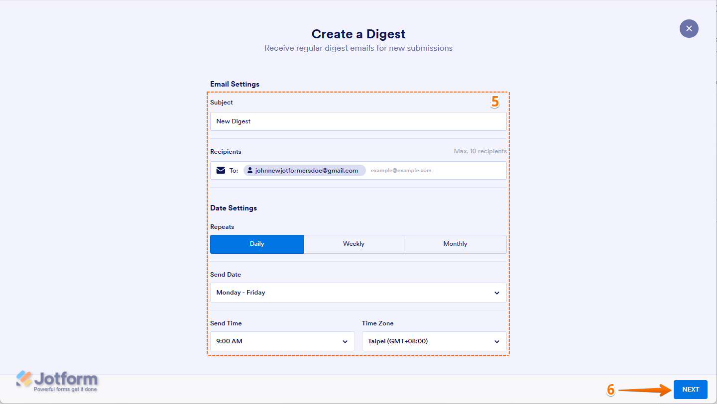 Setting up Digest Email options and clicking 'Next' to proceed with the configuration in Jotform