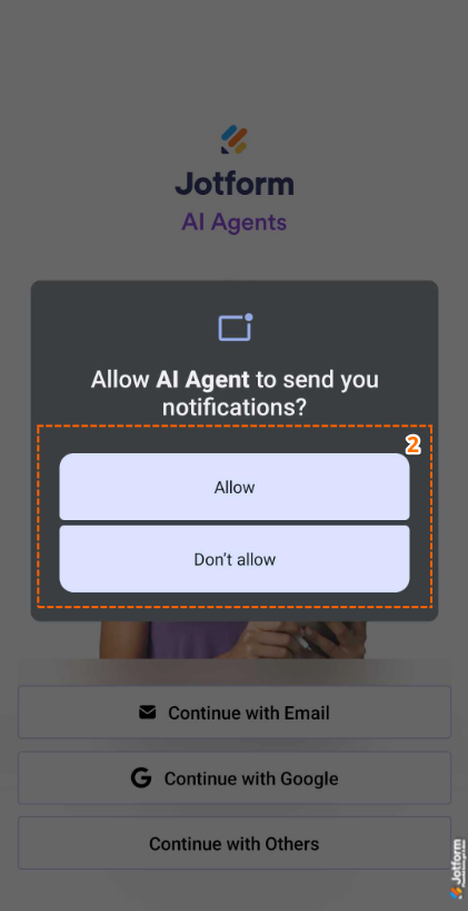Jotform AI Agent app notification settings, with options to allow or block notifications