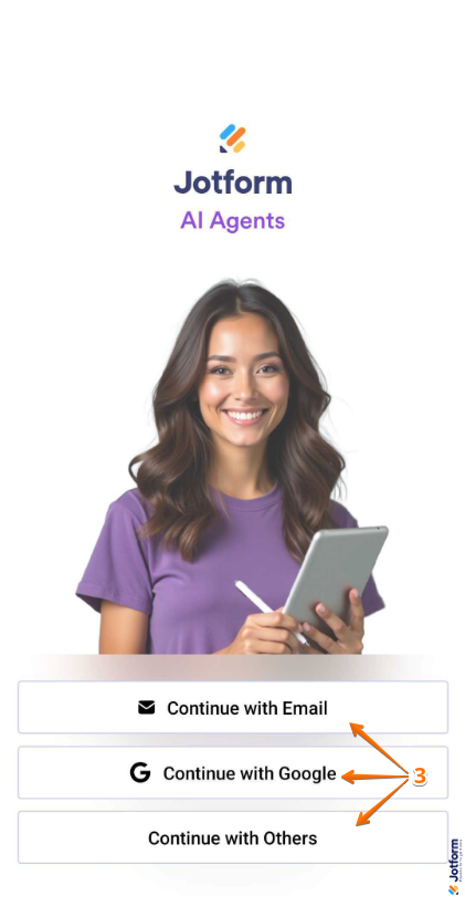 Jotform AI Agent Mobile app login options: Sign in with email, Google, or other accounts like Facebook or Microsoft