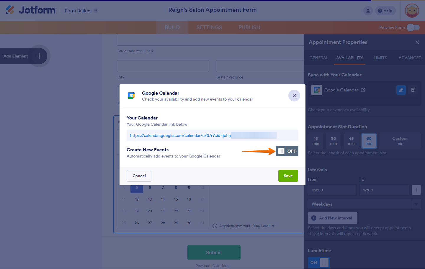 Create New Events settings in the Google Calendar window of the Jotform Form Builder