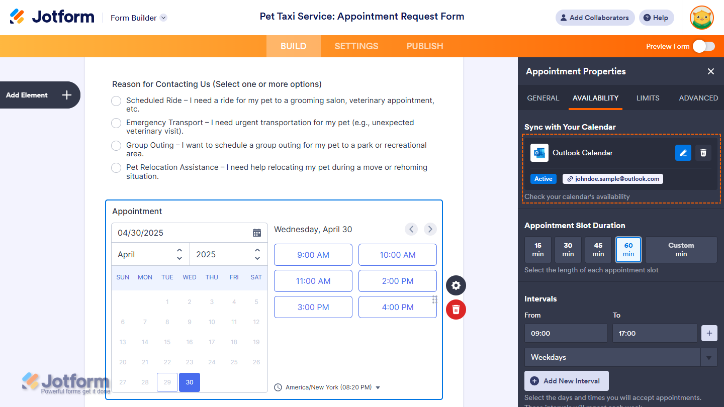 Active Outlook Calendar integration in the Appointment Properties window of the Jotform Form Builder