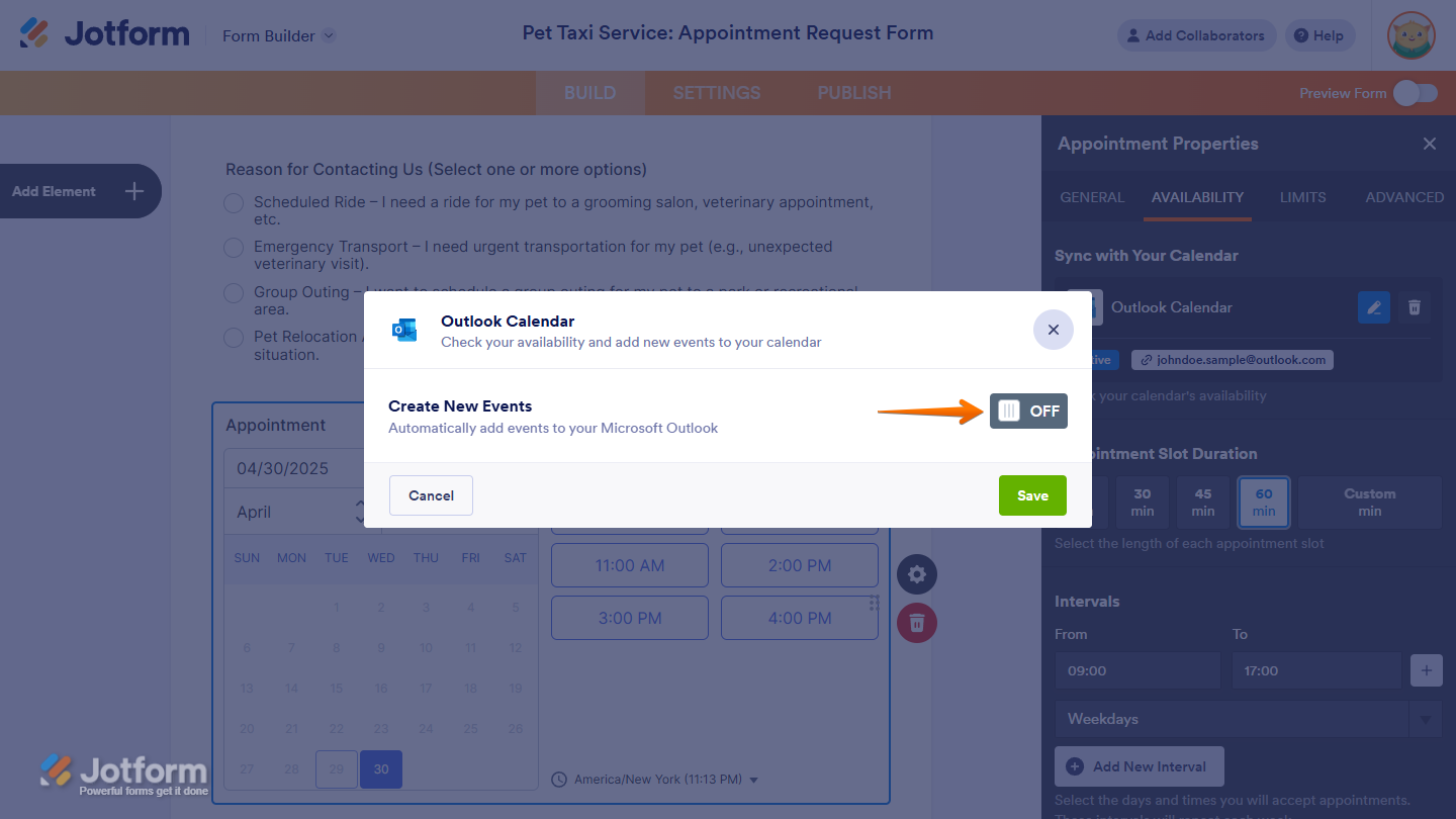 Create New Events settings in the Outlook Calendar window of the Jotform Form Builder