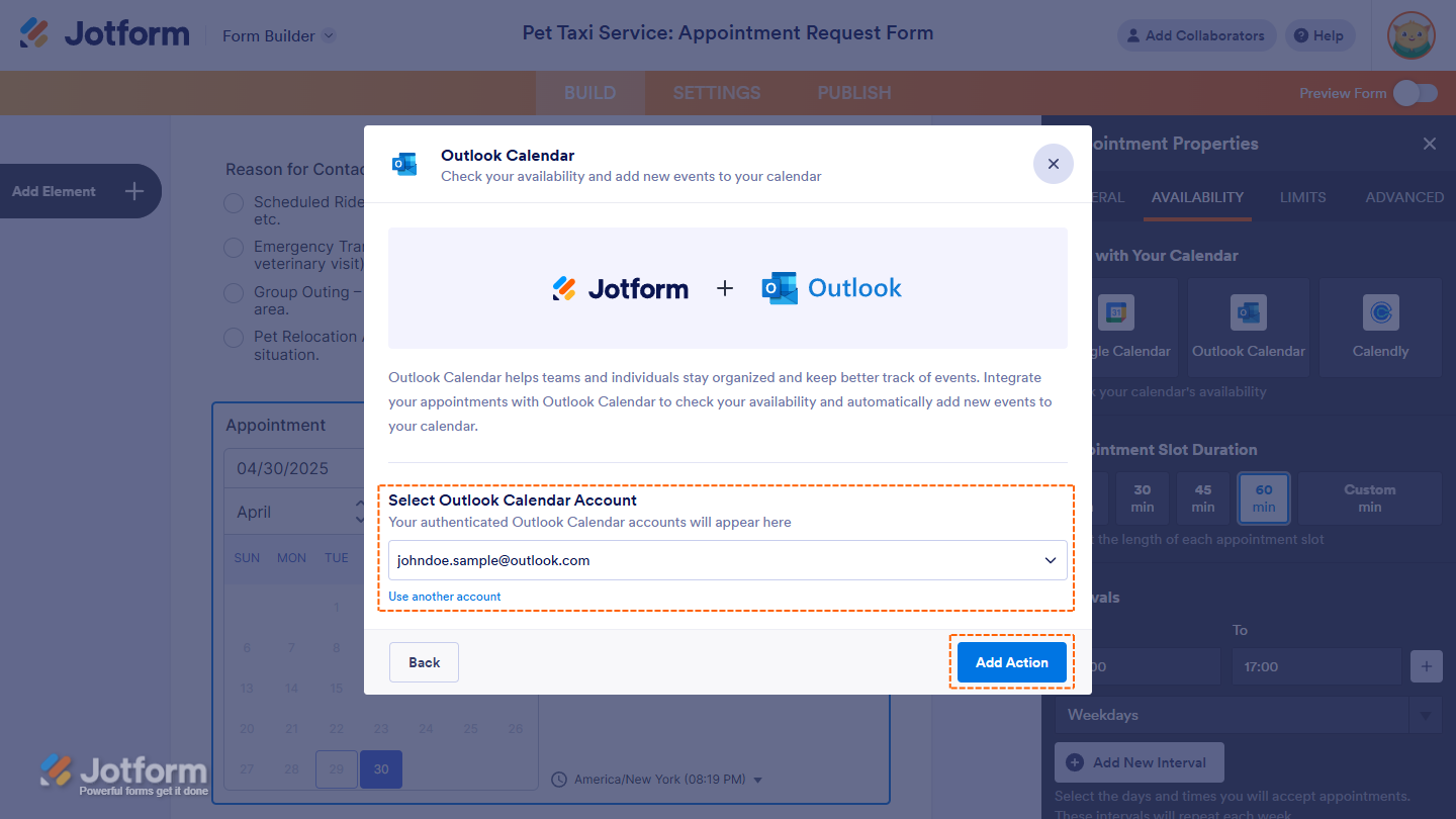 Select Outlook Calendar Account Dropdown in the Outlook Calendar window of the Jotform Form Builder