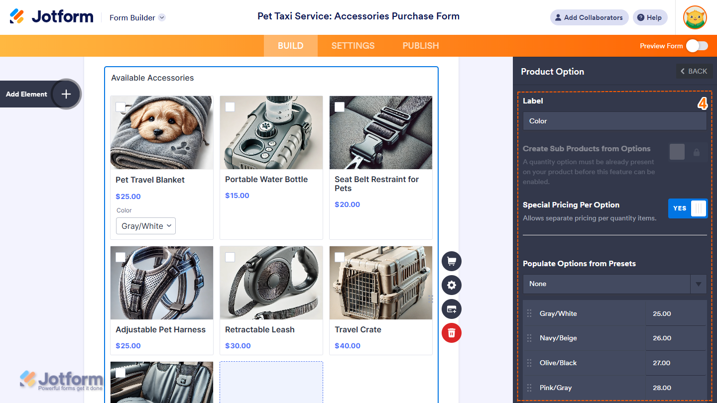 Product Options Settings in the Product Option window of the Jotform Form Builder
