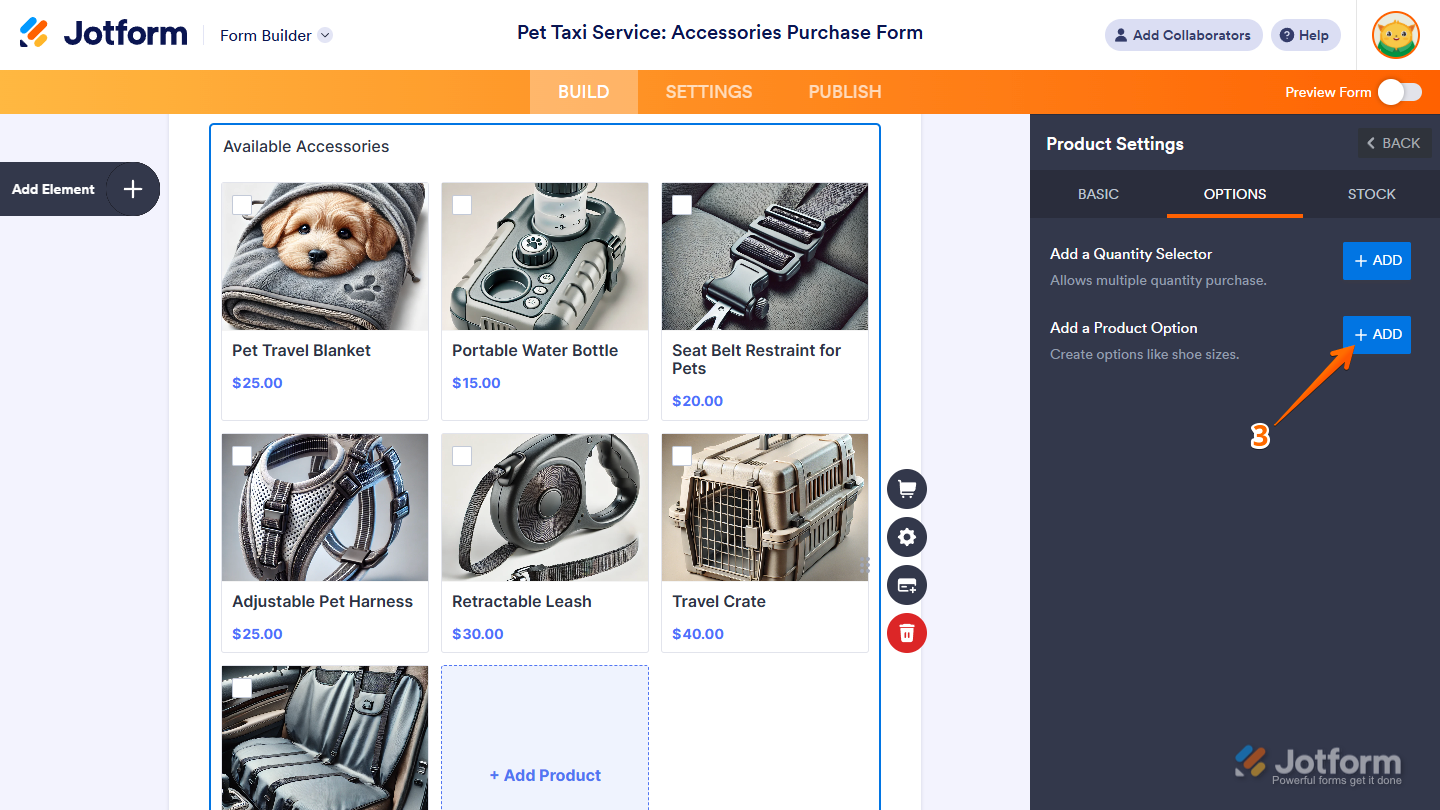 Add button of the Product Option in the Options tab of the Product Settings in the Jotform Form Builder