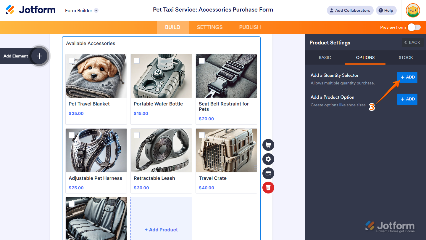 Add button of the Quantity Selector in the Options tab of the Product Settings in the Jotform Form Builder