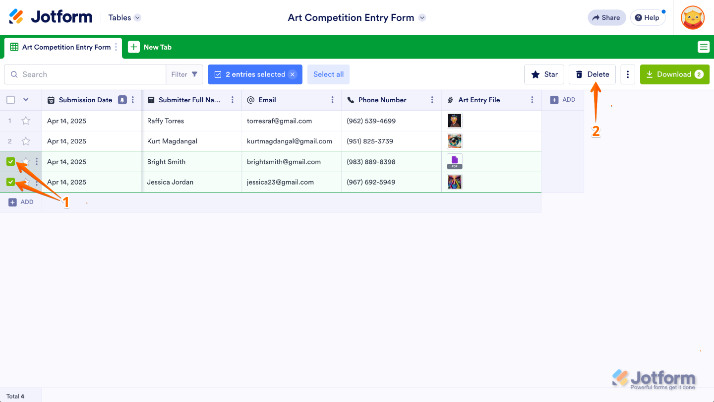 Jotform Submission Table, selecting multiple entries to delete