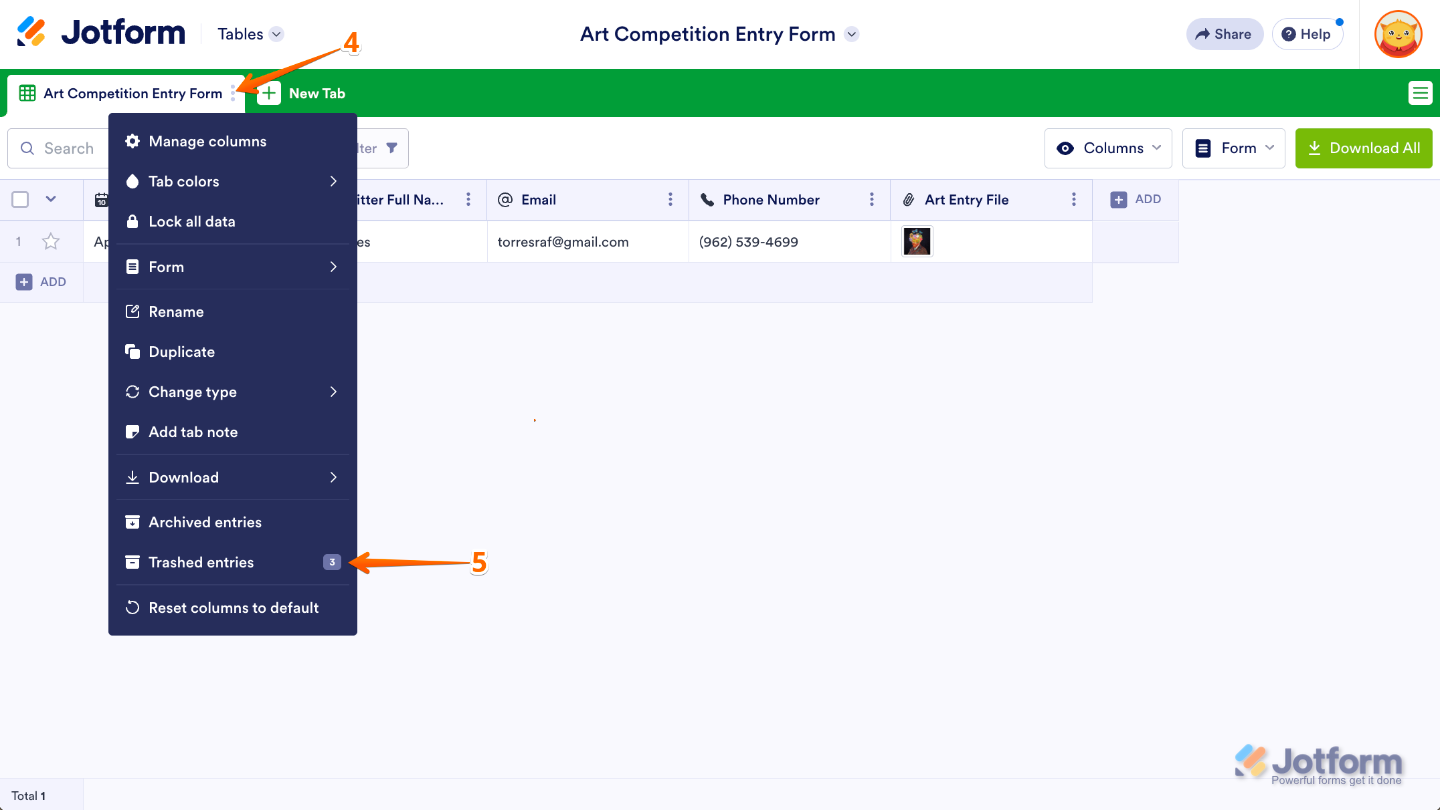 Jotform Submission Table with the first tab's Three Dots icon clicked, selecting Trashed Entries from the dropdown menu